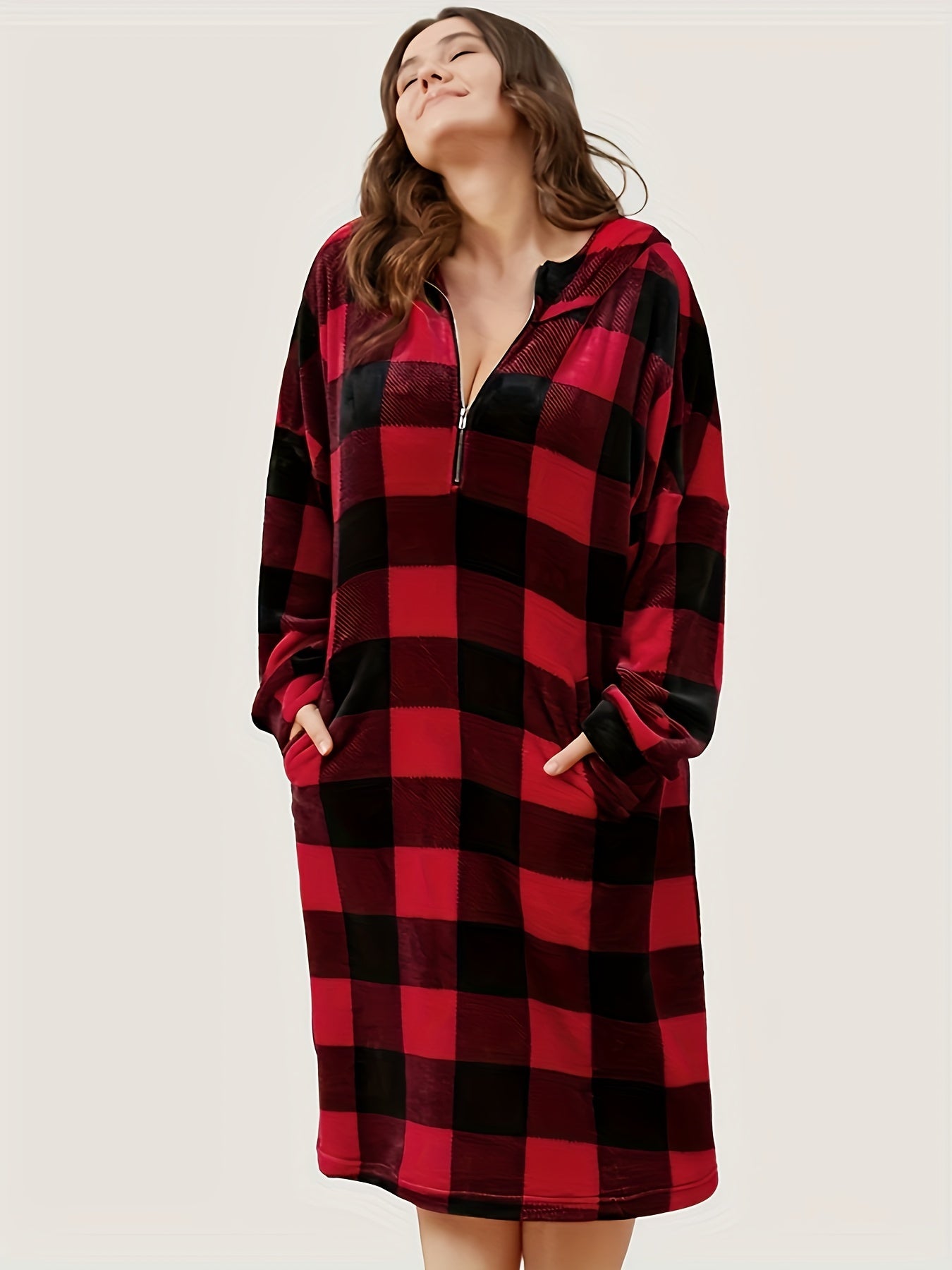 Cozy Plus Size Fleece Robe - Soft Plaid Print Nightgown for Women, Casual Zip-Front Hooded Sleepwear with Pockets, Long-Sleeve Wearable Blanket for Fall and Winter, Ultra-Comfortable and Warm Sleepshirt