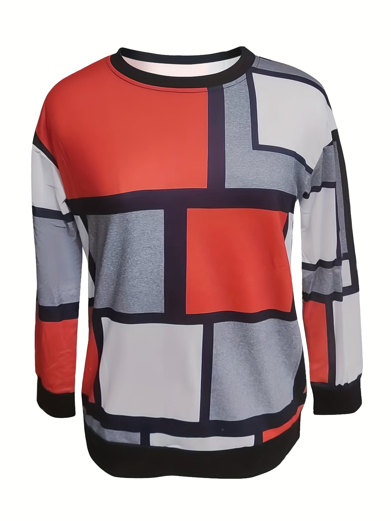 Vibrant Geo Print Color Block Crew Neck Pullover Sweatshirt - Soft Micro Elasticity Polyester Fabric, Machine Washable, Casual Long Sleeve Top for Spring & Fall - Womens Knit Clothing for All Seasons