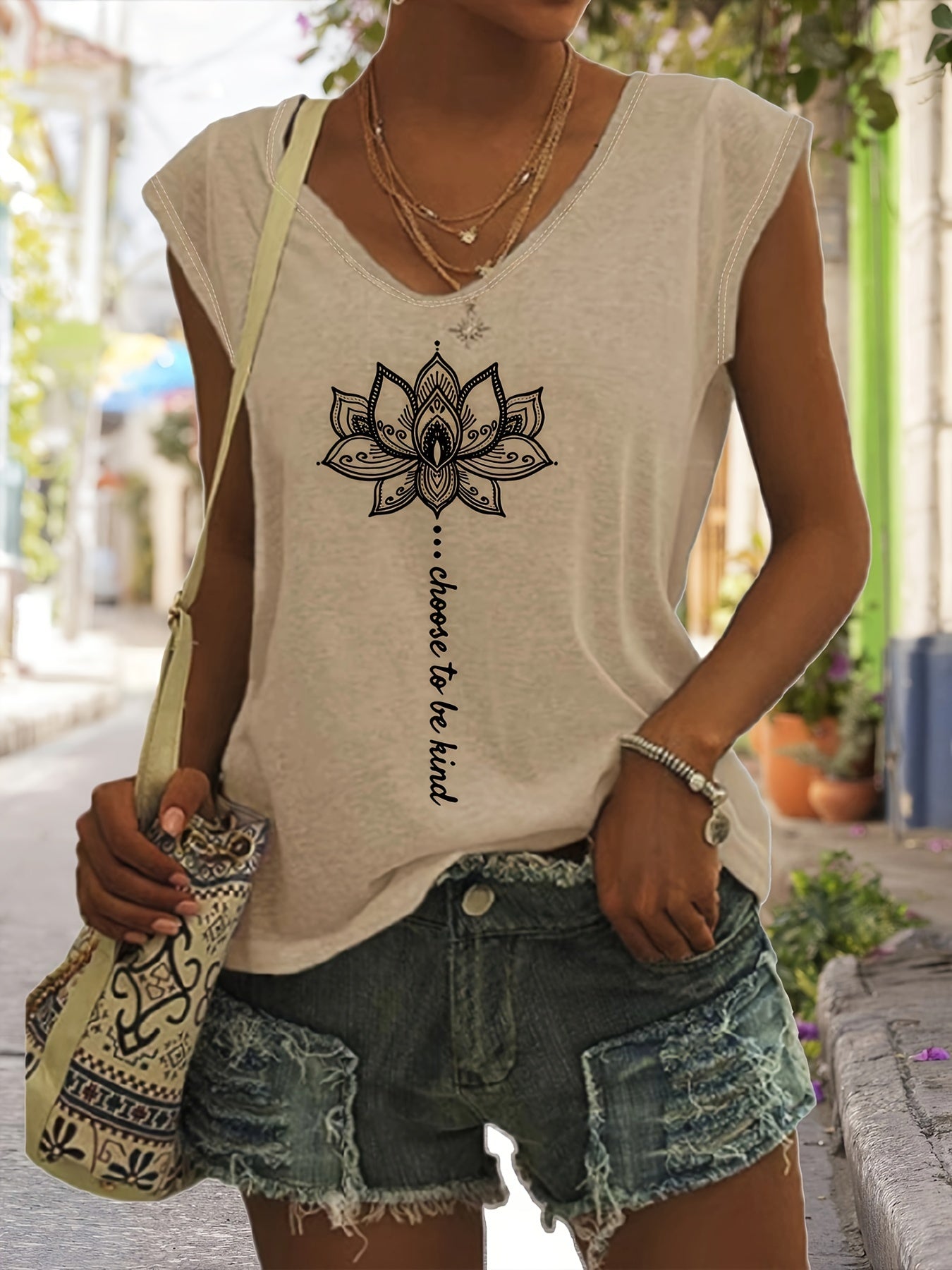 Lotus Print V Neck Tank Top, Cap Sleeve Casual Top For Summer & Spring, Women's Clothing