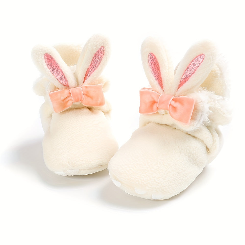 Myggpp Cute Bunny Ear Infant Booties - Casual & Party Ankle-High Walking Shoes with Hook and Loop Fastener, Soft Fabric Upper and Inner Sole, Round Toe, Solid Color with Cartoon Design for Boys and Infants, Suitable for All Seasons