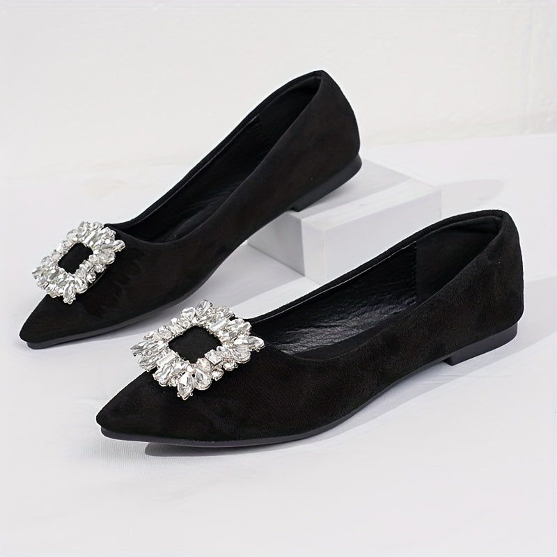 Women's Rhinestone Buckle Decor Flat Shoes, Casual Point Toe Slip On Shoes, Lightweight & Comfortable Shoes