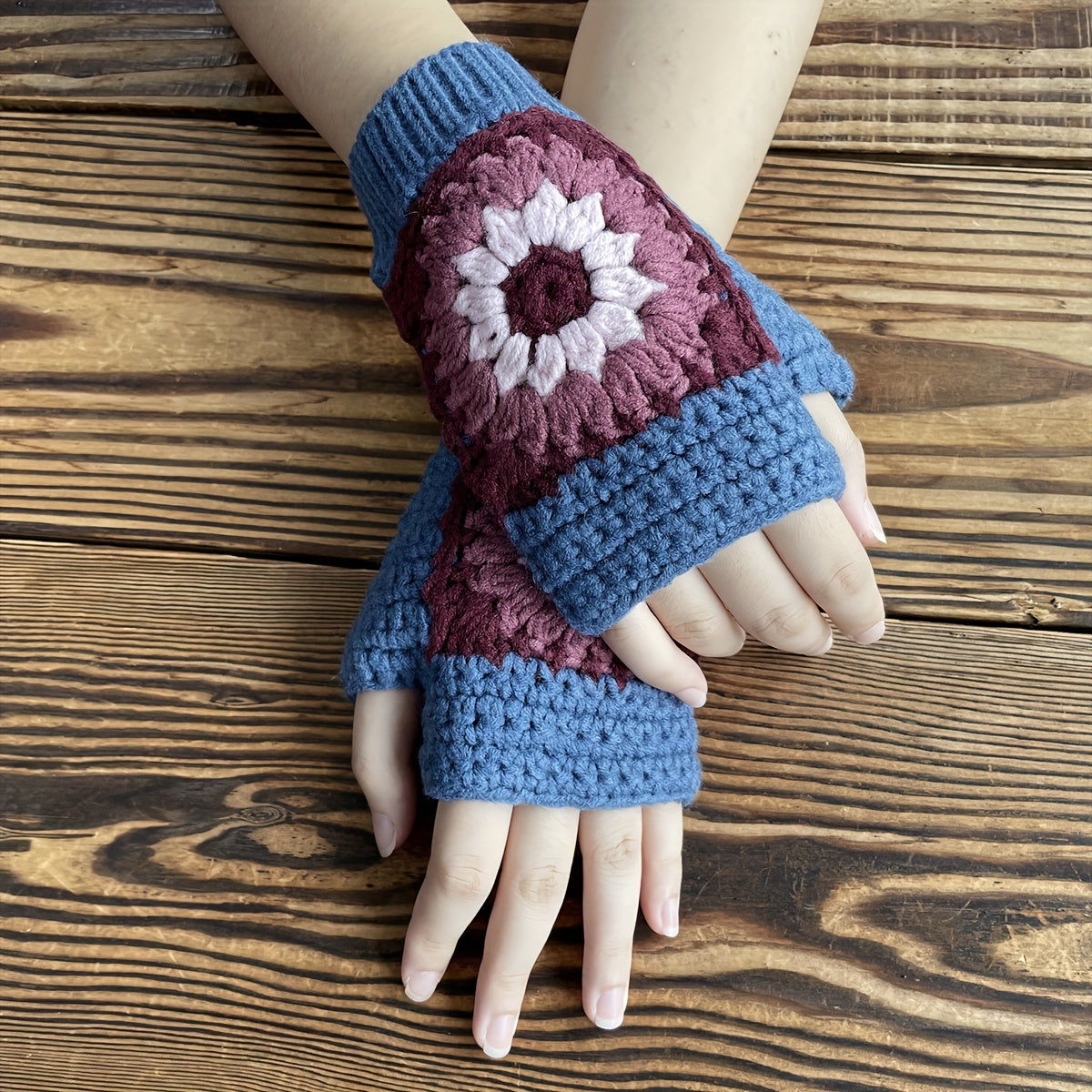 Vintage Style Fingerless Gloves - Short, Thick, Warm, Crochet Flower Knit, Coldproof, Autumn and Winter Essential for Women