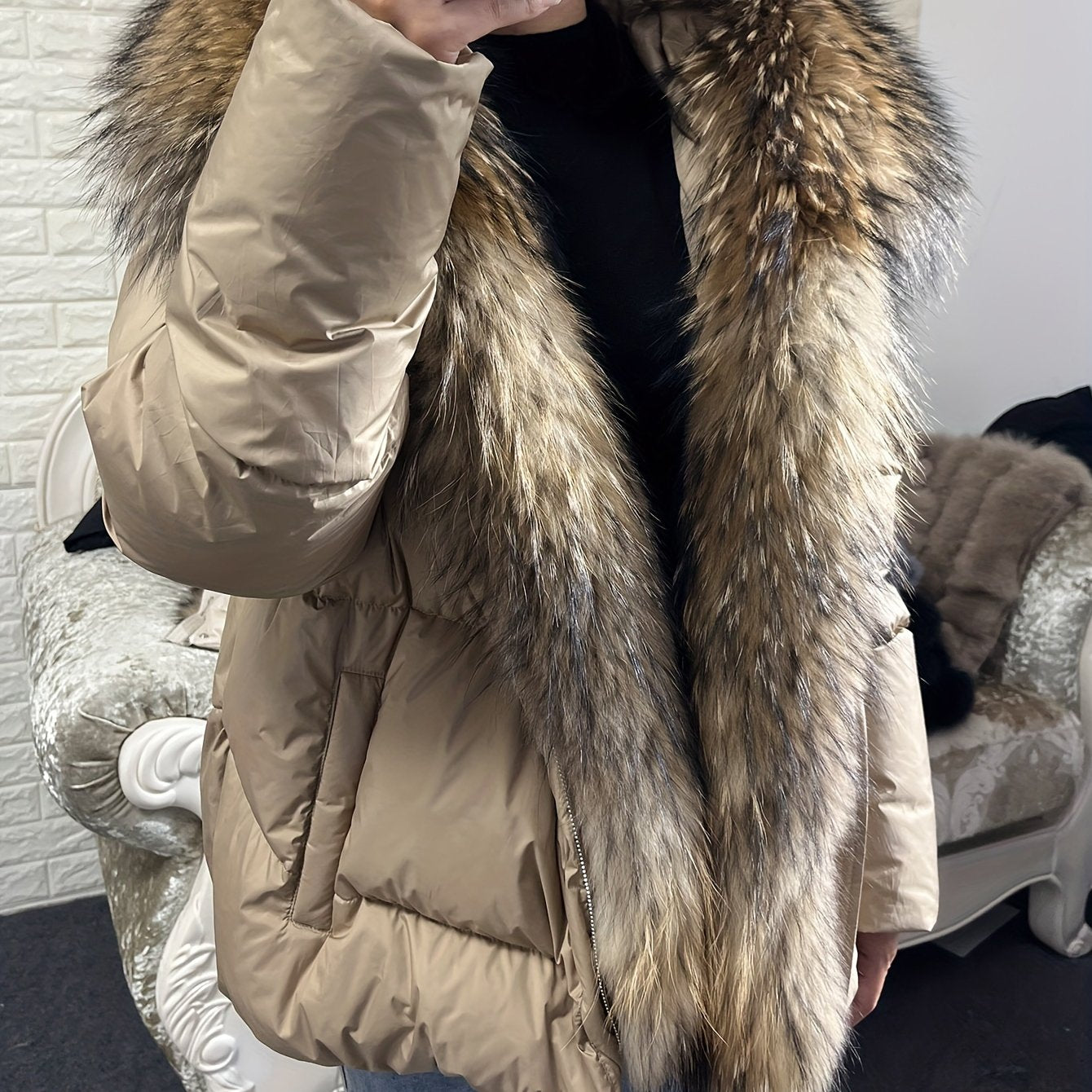 Plus Size Luxurious Fur Trim Hooded Down Jacket - Water-Resistant, Ultra-Warm, and Lightweight - Casual Long Sleeve Zipper Jacket for Winter, Women's Plus Size Clothing for Cold Weather