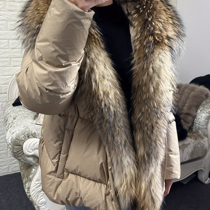 Plus Size Luxurious Fur Trim Hooded Down Jacket - Water-Resistant, Ultra-Warm, and Lightweight - Casual Long Sleeve Zipper Jacket for Winter, Women's Plus Size Clothing for Cold Weather