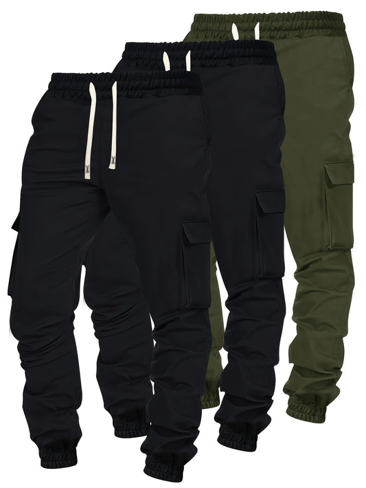 3Pcs Men's Cargo Pants Set with Multiple Pockets - Comfortable Loose-Fit Trousers for Work & Outdoor Leisure, Urban Streetwear with Hip Hop Influence