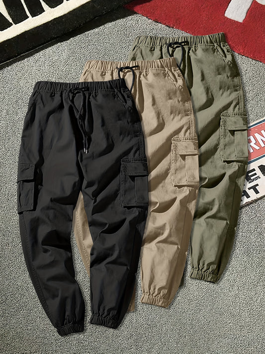 3 Pcs Men's Loose Fit Solid Color Cargo Pants - Multi-Pocket Drawstring Joggers with Elastic Waistband for Outdoor Activities, Casual Wear, and Travel