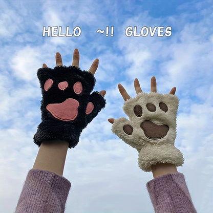 Cute Cat Claw Plush Gloves Stylish Thick Warm Half Finger Gloves Autumn Winter Soft Cozy Fuzzy Gloves