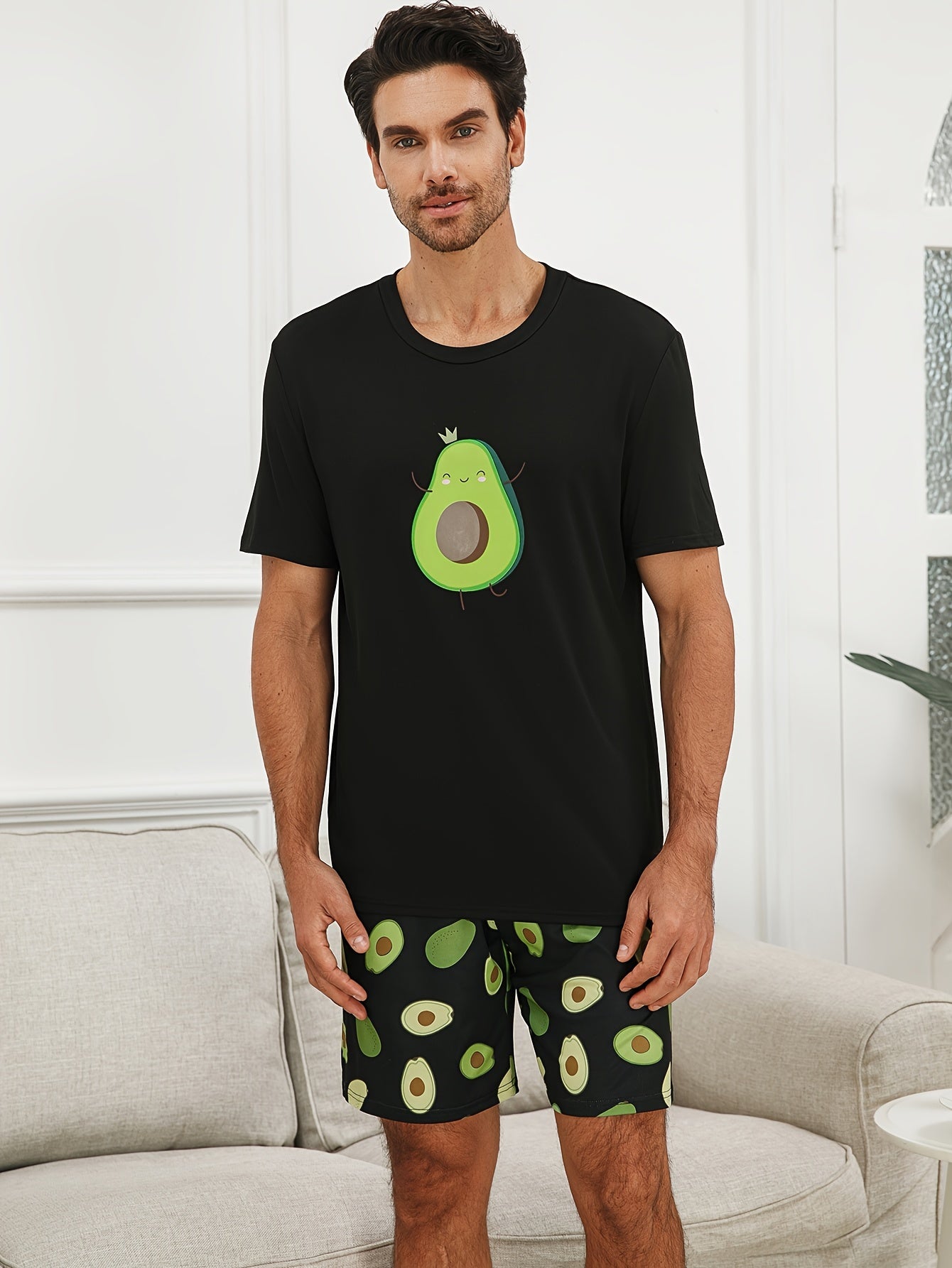 Men's Couple's 2 Pcs Leisure Pajama Suit - Cute Avocado Print Round Neck Short Sleeve & Shorts For Daily Wearing