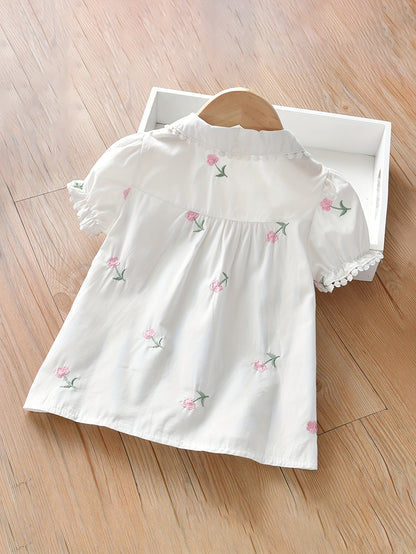 Cotton Girls Ditsy Floral Short Sleeve Blouse Shirt - Embroidered Lapel Collar, Regular Fit, Non-Stretch Fabric, Cute Doll Collar Design, Perfect for Summer Casual Wear