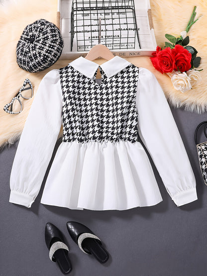 Stylish Girls' Long Sleeve Houndstooth Patchwork Blouse - Casual Fashion Top with Drawstring Tie, Relaxed Fit, and Chic Black & White Checker Pattern - Perfect for Spring and Fall Seasons