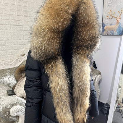 Plus Size Luxurious Fur Trim Hooded Down Jacket - Water-Resistant, Ultra-Warm, and Lightweight - Casual Long Sleeve Zipper Jacket for Winter, Women's Plus Size Clothing for Cold Weather