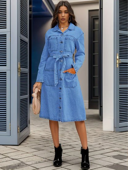 Trendy Blue Denim Dress with Full-Length Sleeves, Fashion-Forward Lapel, Pockets & Waistband - A Chic Single Breasted Button-down Style for Women