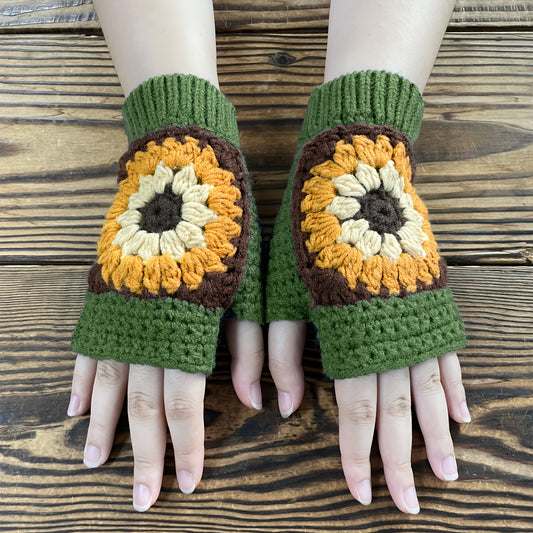 Vintage Style Fingerless Gloves - Short, Thick, Warm, Crochet Flower Knit, Coldproof, Autumn and Winter Essential for Women