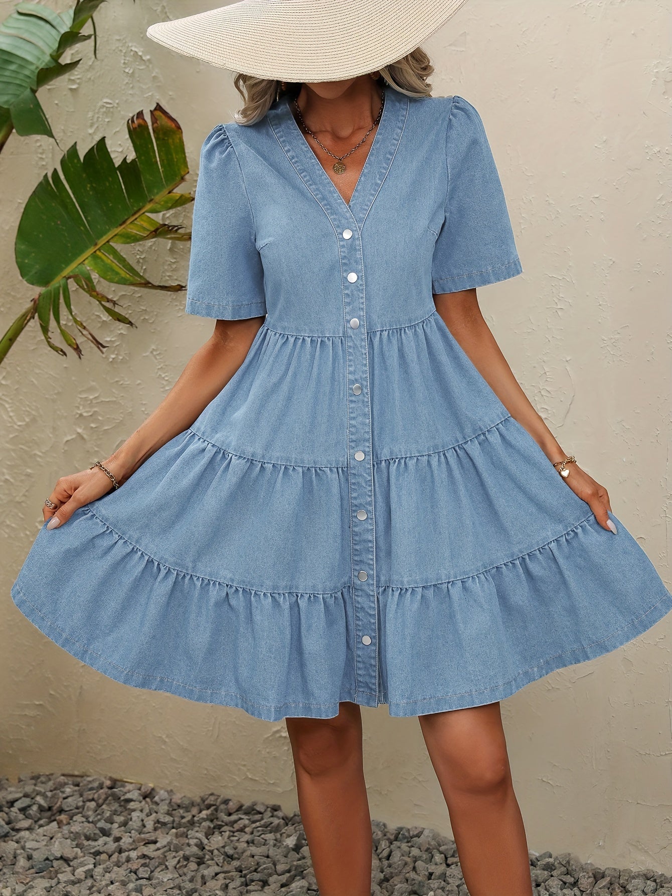 V-Neck Denim Delight - Short Sleeve Tiered Ruffle Dress with Flirty Flared Hem - Casual Chic Midi Dress for Summer Days - Elegant Button-Up Style