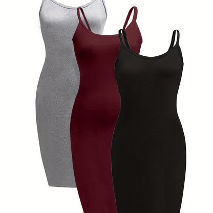 3-Pack Womens Solid Scoop Neck Bodycon Dresses - Chic Sleeveless Spaghetti Strap Design - Figure-Flattering Casual Wear for Everyday Style