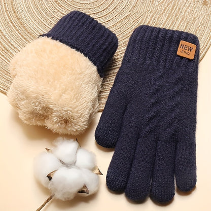 Plus Velvet Thickened Double-Layer Knitted Gloves - Cold Weather Gloves with Touch Screen Function, Short Elastic Cuff, Solid Color, Coldproof and Warm for Winter