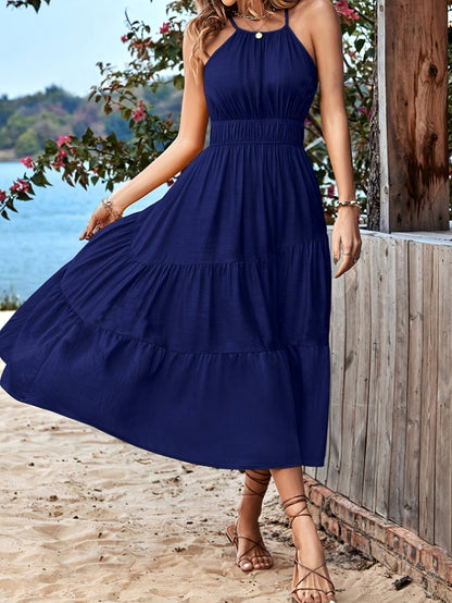 Vibrant Solid Color A-Line Dress - Crew Neck, Sleeveless, Tiered Hem, Button Details, Polyester Fabric - Elegant Vacation Style for Women, Perfect for Spring and Summer