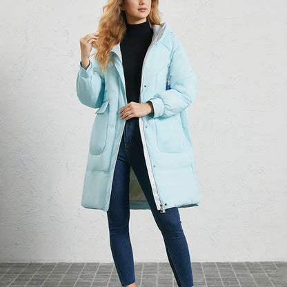 Pocket Front Hooded Warm Coat, Casual Mid Length Long Sleeve Winter Outerwear, Women's Clothing