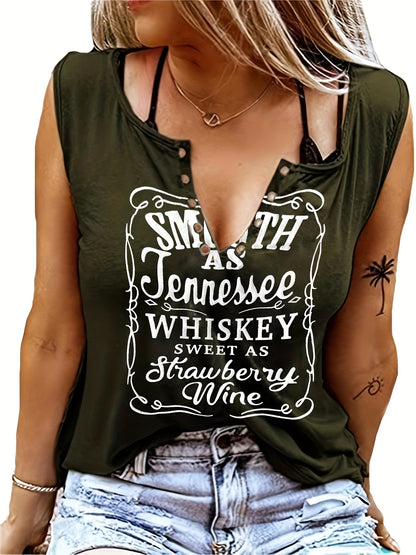 Women's Whiskey Letter Print Sleeveless T-Shirt for Casual Everyday Wear in Spring and Summer