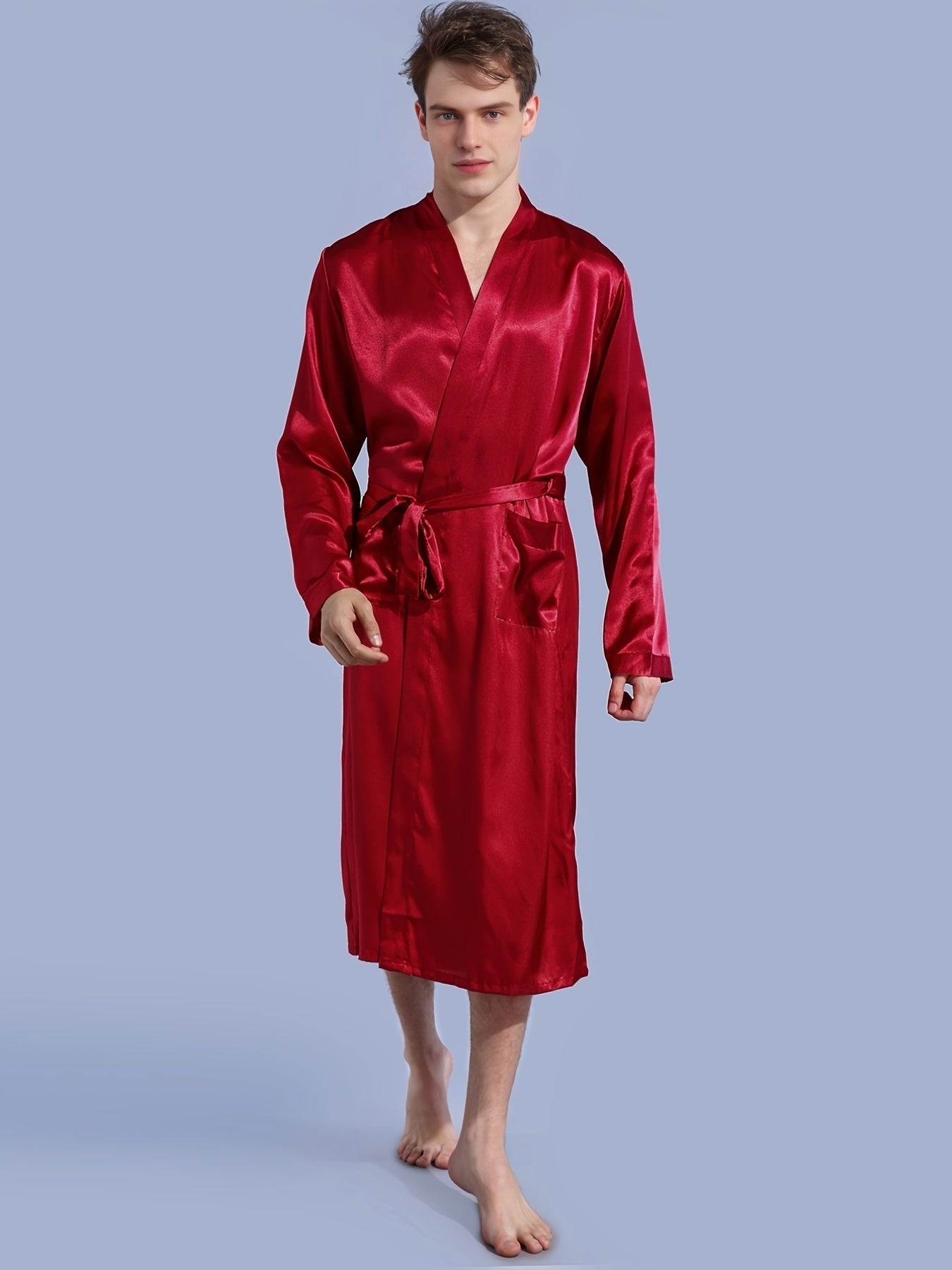 Mens Premium V-neck Belted Bathrobe - Soft & Breathable Loungewear - Quick Drying, Ultra-Comfortable, Adjustable - Perfect for Indoor Relaxation in Plain Colors