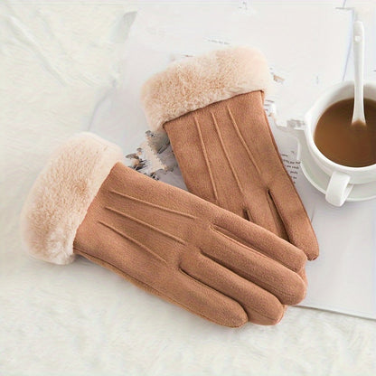 Simple Plush Cuff Suede Gloves Solid Color Plus Velvet Thickened Warm Gloves Women's Autumn Winter Windproof Coldproof Gloves