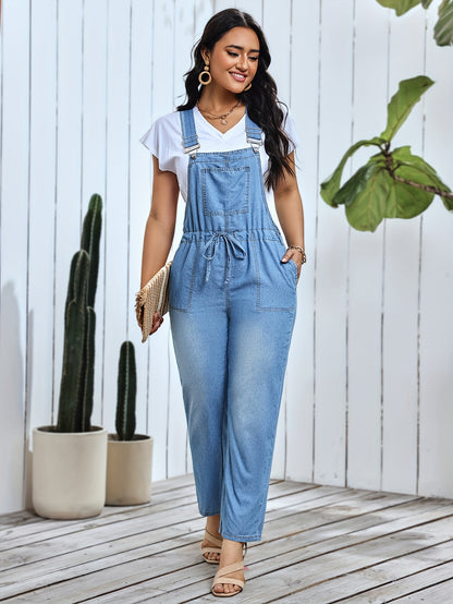 Plain Washed Blue Elegant Style Drawstring Elastic Waistband Denim Overalls Dungarees, Women's Denim Jeans & Clothing