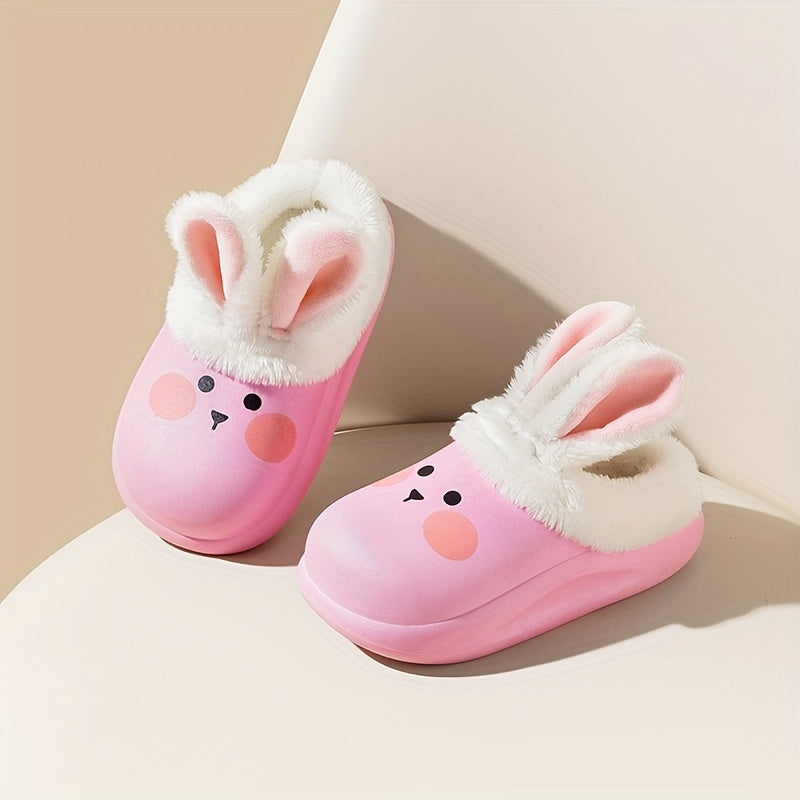 Children's Cute Cartoon Bunny & Bear Slip-On Slippers - Cozy Warm Fabric-Lined Non-Slip Waterproof Rubber Sole Slippers for Boys Under 14 - XLML1968 Kids Plush Cotton Winter Indoor Footwear