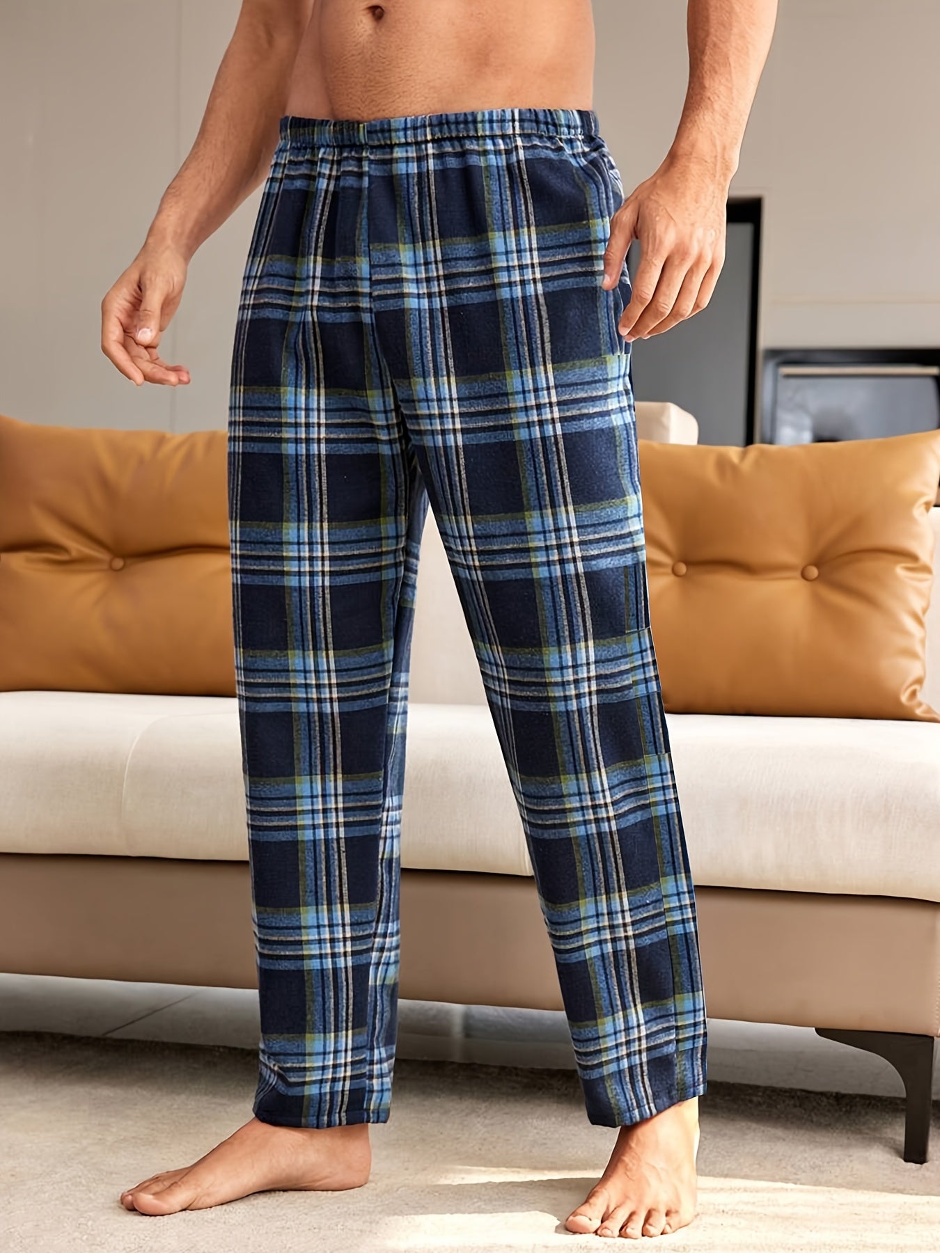 Men's Casual Plaid Pajama Pants - Comfy, Stretchy Waistband, Polyester, Machine Washable - Perfect for Home & Sleep