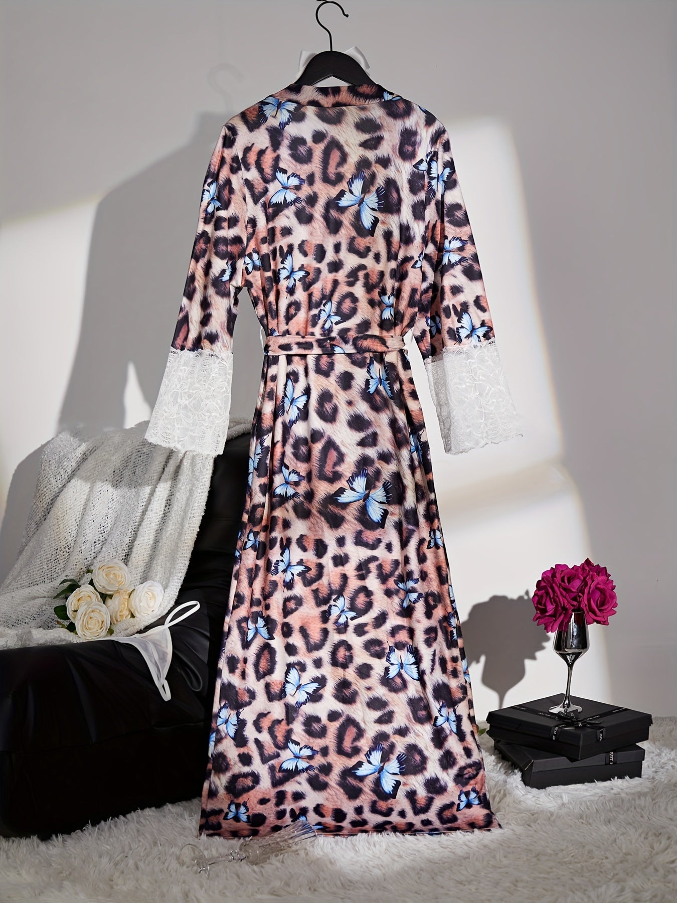 Vibrant Butterfly Print Leopard Night Robe - Exquisite Contrast Lace Trim, Long Sleeve, V Neck, with Belt - Womens Cozy Sleepwear, Perfect for Lounging