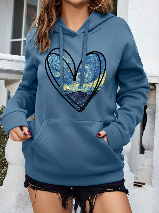 Warm & Stylish Heart-Print Kangaroo Pocket Hoodie: Casual, Long Sleeve, Easy-Care & Durable for Women’s Fall/Winter Fashion