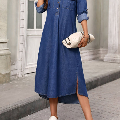 Split Side Plain Dark Washed Blue Button Closure V Neck Elegant Style Midi Denim Dress, Women's Denim Jeans & Clothing