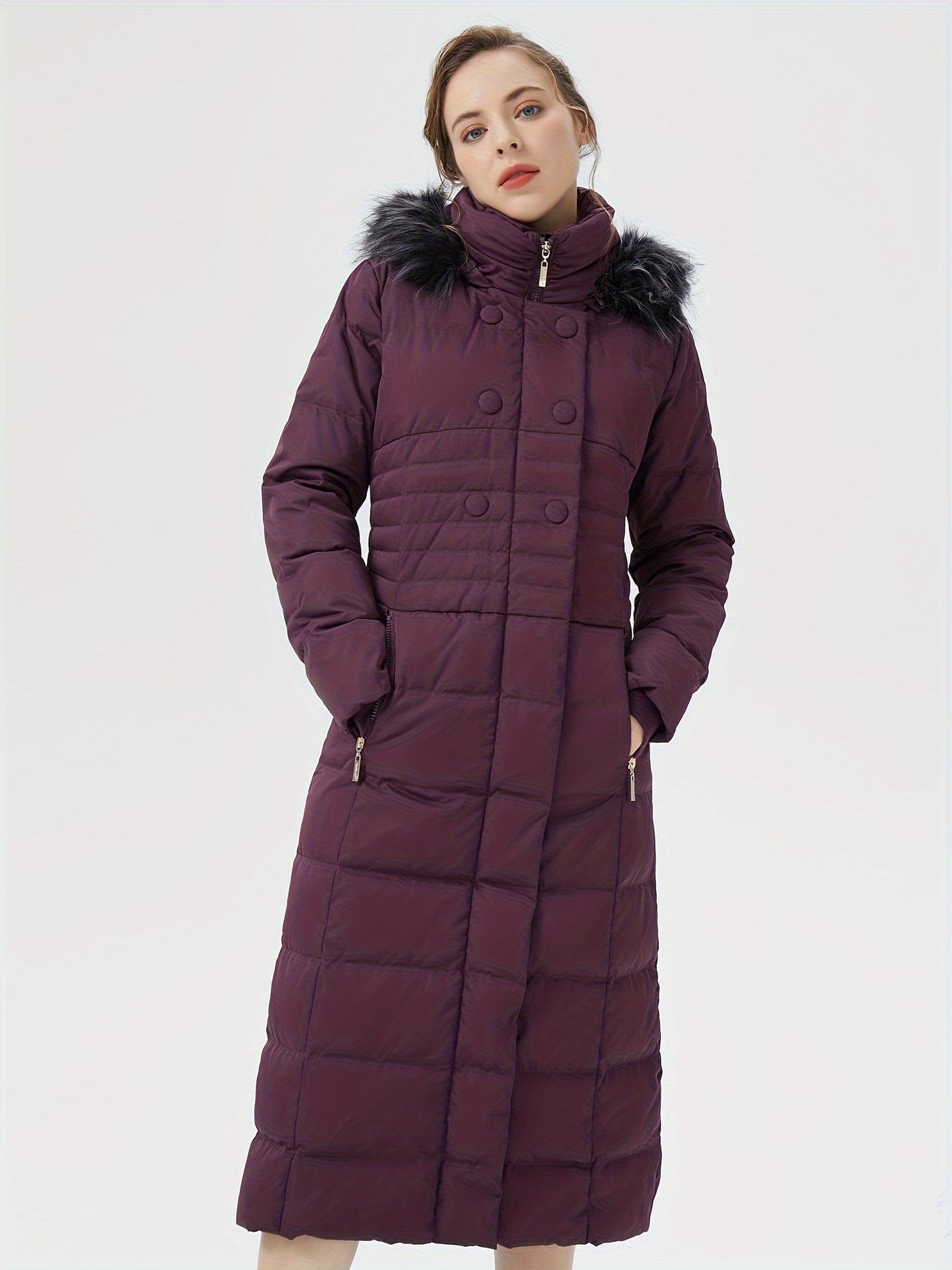 Solid Quilted Button Down Hooded Coat, Casual Slant Pockets Long Sleeve Hooded Maxi Down Coat For Fall & Winter, Women's Clothing