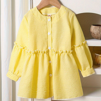 Sweet & Cute Little Girls Buttons Crew Neck Long Sleeve Peplum Blouse Top, Long-length, Spring/Fall Clothing