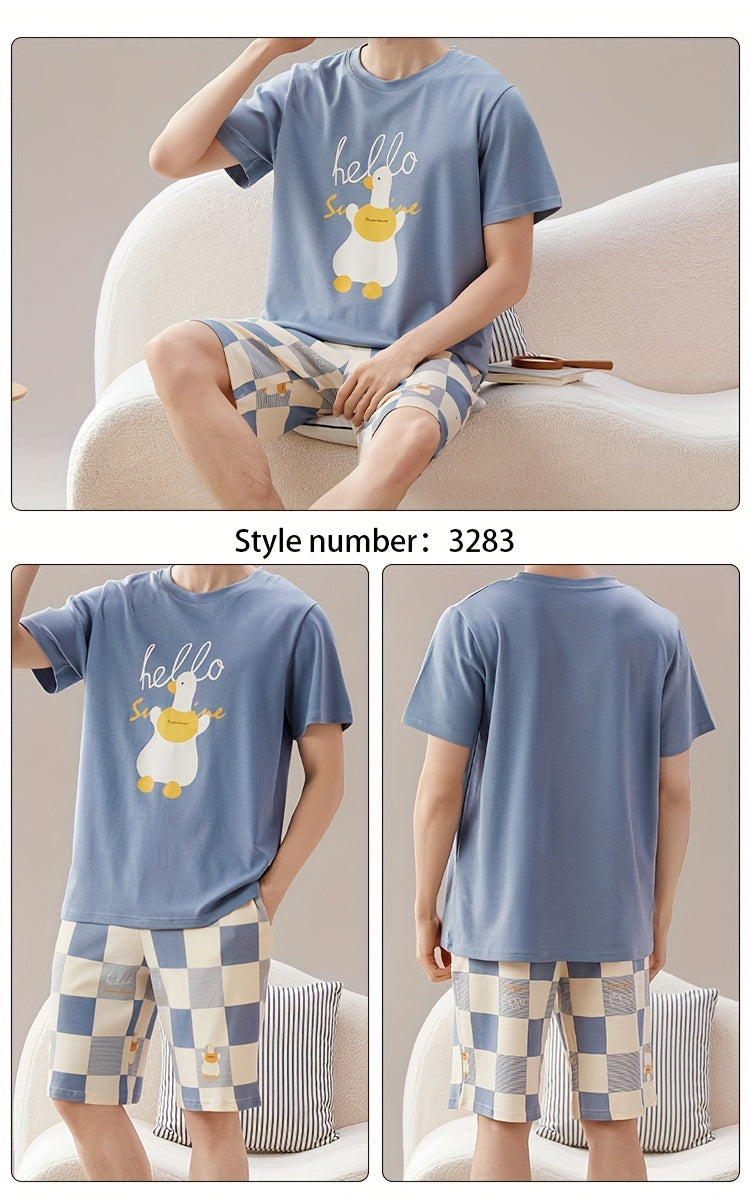 Men's Trendy Casual Comfy Tees & Shorts, Cartoon Duck Graphic Print Crew Neck Short Sleeve T-shirt & Loose Checkered Shorts With Pockets Home Pajamas Sets, Outdoor Sets For Summer