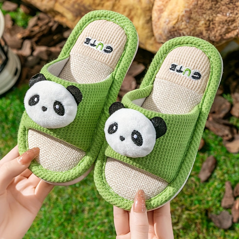 Girls Cartoon Panda Soft Cozy Low-Top Fabric Slippers - Breathable, Anti-Slip, Slip-On Design for Indoor Home Use in Spring and Autumn - Cute Embroidery, Round Toe, and Comfortable Fabric Insole