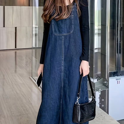 Effortless Chic Midi Denim Pinafore Dress - Versatile, Durable with Front Pockets for Spring/Fall