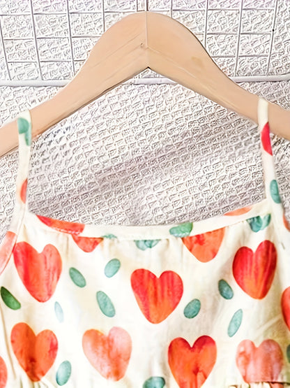 Girls' Summer 100% Cotton Love Heart Print, Cute Sleeveless Top With Button Detail And Adjustable Straps