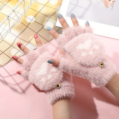 Cute Cat Paw Fuzzy Lined Mitten Gloves - Soft, Warm, Flip-Up, Fingerless, Winter Gloves with Aesthetic Design