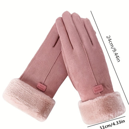 Simple Plush Cuff Suede Gloves Solid Color Plus Velvet Thickened Warm Gloves Women's Autumn Winter Windproof Coldproof Gloves