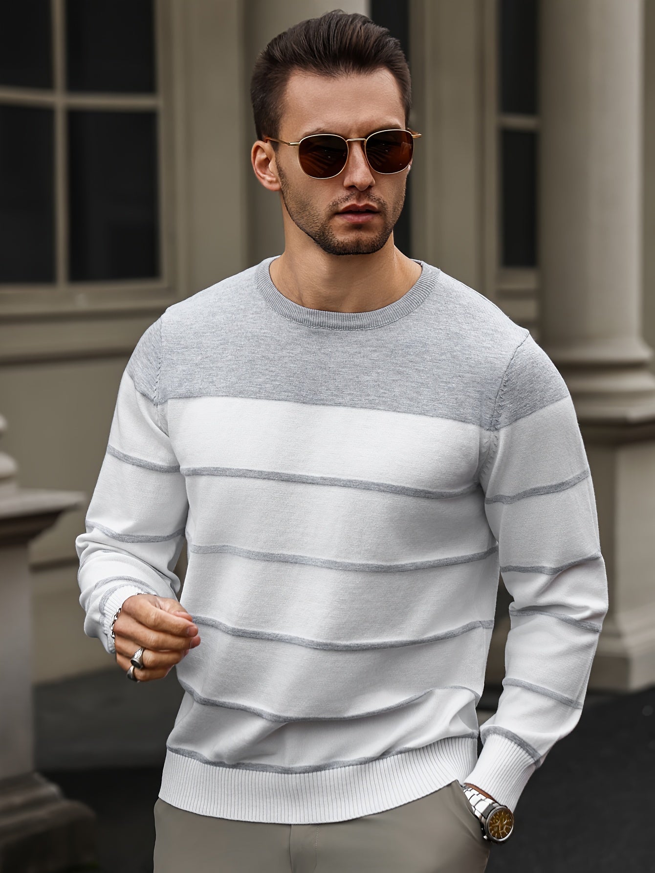 All Match Knitted Striped Sweater, Men's Casual Warm High Stretch Crew Neck Pullover Sweater For Men Fall Winter