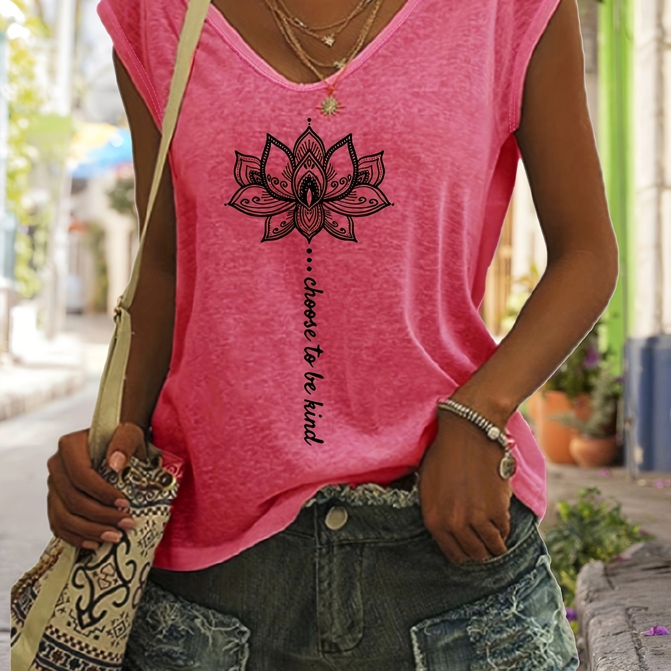 Lotus Print V Neck Tank Top, Cap Sleeve Casual Top For Summer & Spring, Women's Clothing