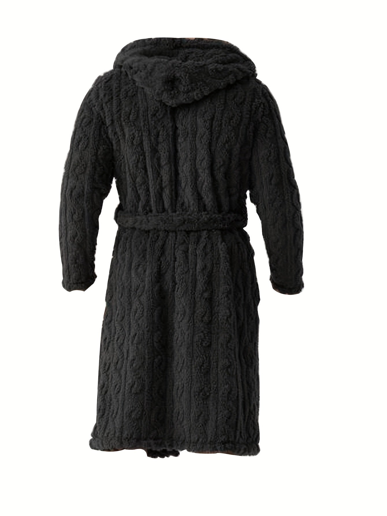 Solid Fuzzy Hooded Night Robe, Long Sleeve Robe With Belt, Women's Sleepwear