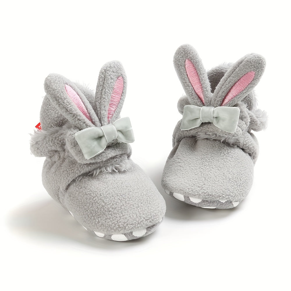 Myggpp Cute Bunny Ear Infant Booties - Casual & Party Ankle-High Walking Shoes with Hook and Loop Fastener, Soft Fabric Upper and Inner Sole, Round Toe, Solid Color with Cartoon Design for Boys and Infants, Suitable for All Seasons