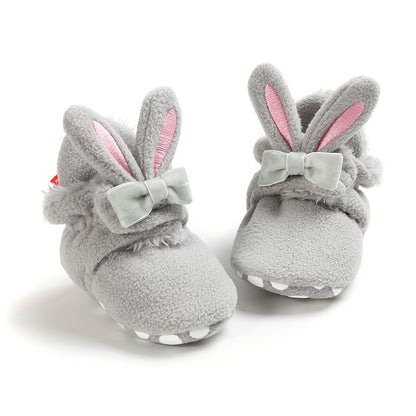 Myggpp Cute Bunny Ear Infant Booties - Casual & Party Ankle-High Walking Shoes with Hook and Loop Fastener, Soft Fabric Upper and Inner Sole, Round Toe, Solid Color with Cartoon Design for Boys and Infants, Suitable for All Seasons