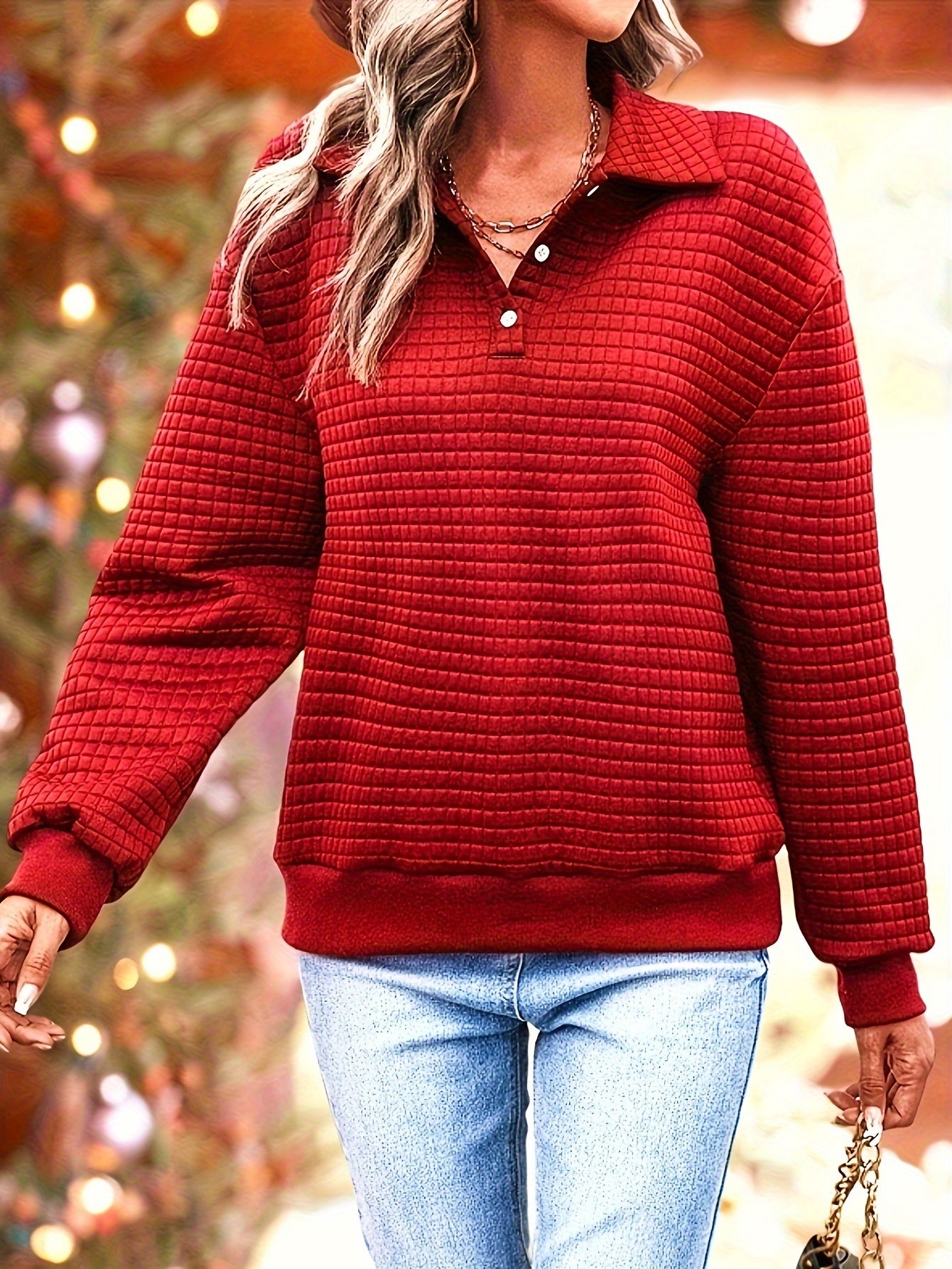 Cozy Waffle Knit Pullover Sweatshirt - Chic Quarter-Button, Lapel Collar, Long Sleeve - Perfect for Fall & Winter - Premium Quality, Soft, Stylish Womens Clothing