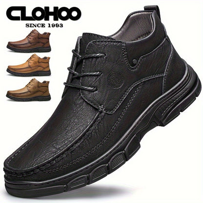 CLOHOO Mid-Top Mens Solid Ankle Shoes - Wear-Resistant Anti-Skid PU Upper Lace-Up Shoes with Round Toe Cap for Casual Daily Outdoor Use - Breathable PU Insole, Rubber Sole, and All-Season Versatility