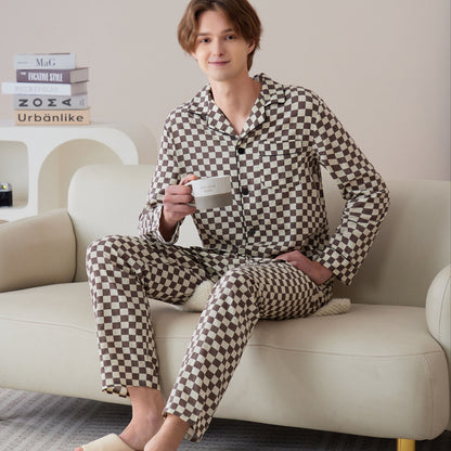 Men's Casual Plaid Pajamas Sets, Long Sleeve Lapel Neck Shirt & Loose Pants Lounge Wear, Home Indoor Sets For Winter Autumn