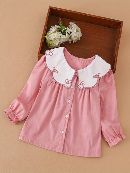 KUYIXIONG Girls Cute & Casual Long Sleeve Ruffle Trim Rabbit Stitched Doll Collar Button Up Cotton Shirt Top For Spring & Fall