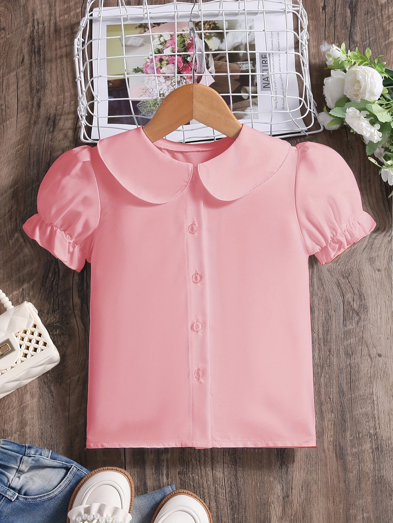 Girls' Preppy Solid Puff Short Sleeve Collar Shirt - Button-Down Shirt with Classic Style and Relaxed Fit - Perfect Gift for Little Ladies