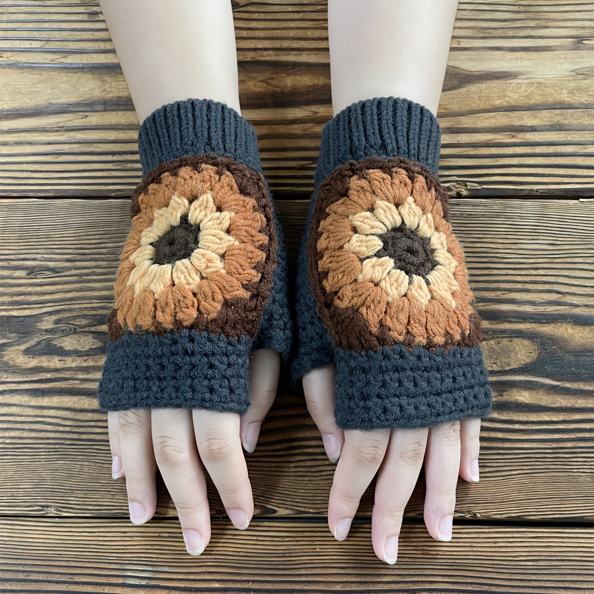 Vintage Style Fingerless Gloves - Short, Thick, Warm, Crochet Flower Knit, Coldproof, Autumn and Winter Essential for Women